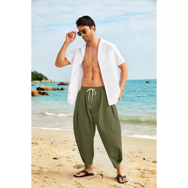 COOFANDY Men's Cotton Linen Harem Pants Drawstring Casual Cropped Trousers Lightweight Loose Beach Yoga Pants with Pockets