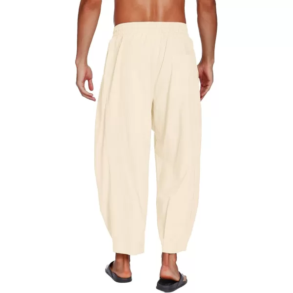 COOFANDY Men's Cotton Linen Harem Pants Drawstring Casual Cropped Trousers Lightweight Loose Beach Yoga Pants with Pockets