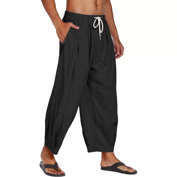 COOFANDY Men's Cotton Linen Harem Pants Drawstring Casual Cropped Trousers Lightweight Loose Beach Yoga Pants with Pockets
