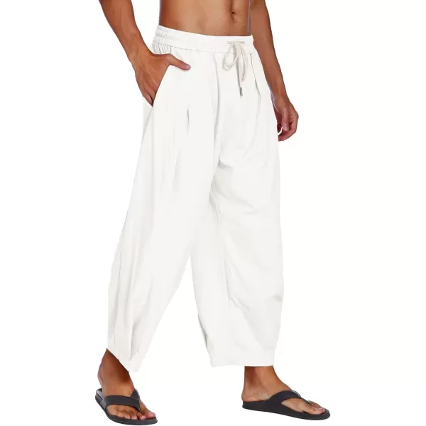 COOFANDY Men's Cotton Linen Harem Pants Drawstring Casual Cropped Trousers Lightweight Loose Beach Yoga Pants with Pockets