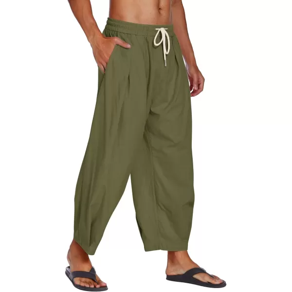 COOFANDY Men's Cotton Linen Harem Pants Drawstring Casual Cropped Trousers Lightweight Loose Beach Yoga Pants with Pockets