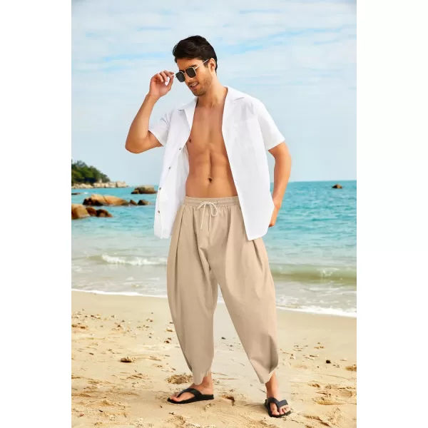COOFANDY Men's Cotton Linen Harem Pants Drawstring Casual Cropped Trousers Lightweight Loose Beach Yoga Pants with Pockets