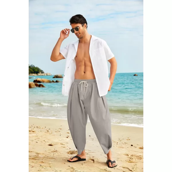 COOFANDY Men's Cotton Linen Harem Pants Drawstring Casual Cropped Trousers Lightweight Loose Beach Yoga Pants with Pockets