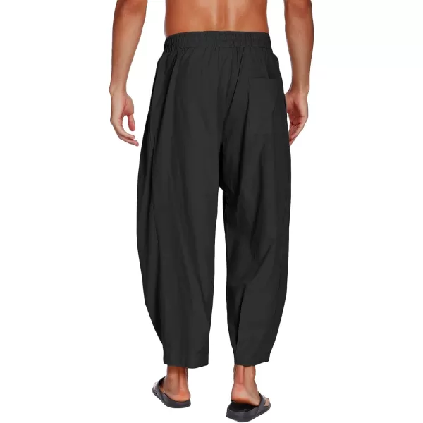 COOFANDY Men's Cotton Linen Harem Pants Drawstring Casual Cropped Trousers Lightweight Loose Beach Yoga Pants with Pockets