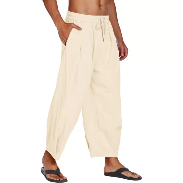 COOFANDY Men's Cotton Linen Harem Pants Drawstring Casual Cropped Trousers Lightweight Loose Beach Yoga Pants with Pockets