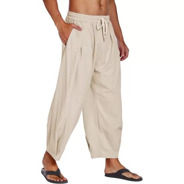 COOFANDY Men's Cotton Linen Harem Pants Drawstring Casual Cropped Trousers Lightweight Loose Beach Yoga Pants with Pockets