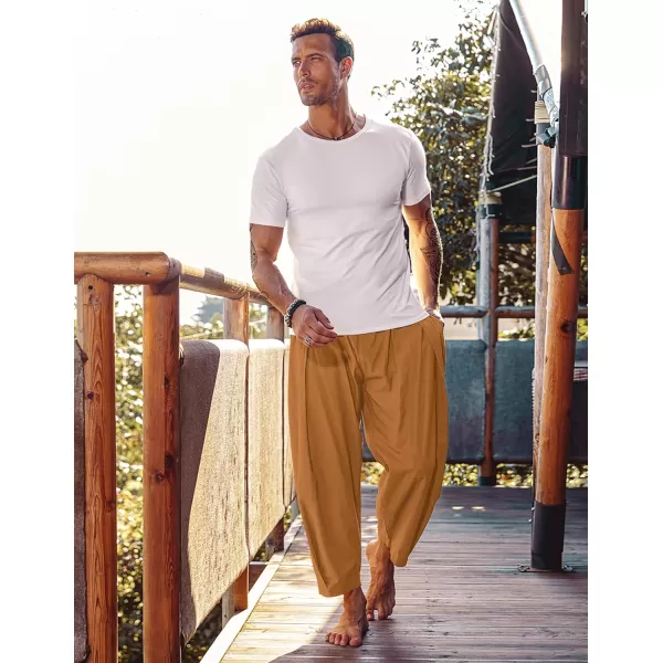 COOFANDY Men's Cotton Linen Harem Pants Drawstring Casual Cropped Trousers Lightweight Loose Beach Yoga Pants with Pockets