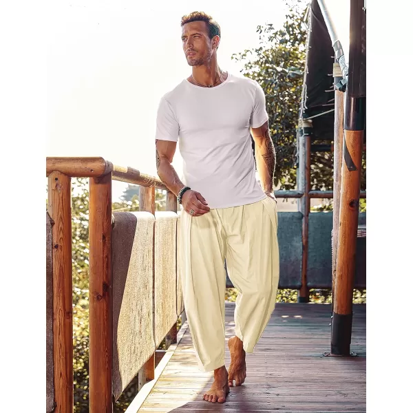 COOFANDY Men's Cotton Linen Harem Pants Drawstring Casual Cropped Trousers Lightweight Loose Beach Yoga Pants with Pockets