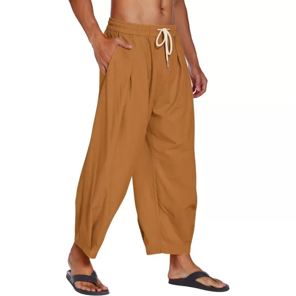 COOFANDY Men's Cotton Linen Harem Pants Drawstring Casual Cropped Trousers Lightweight Loose Beach Yoga Pants with Pockets