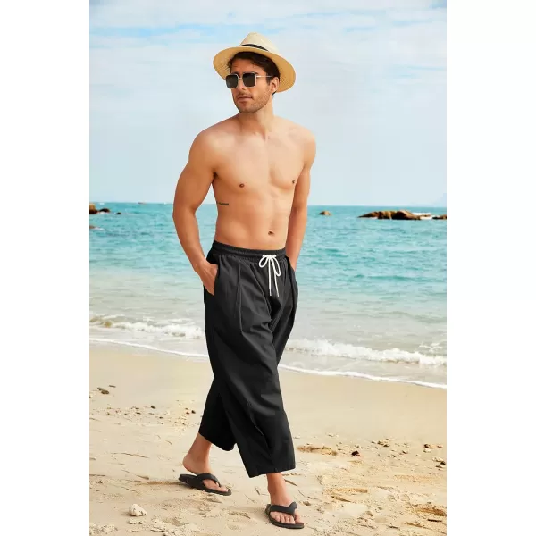 COOFANDY Men's Cotton Linen Harem Pants Drawstring Casual Cropped Trousers Lightweight Loose Beach Yoga Pants with Pockets