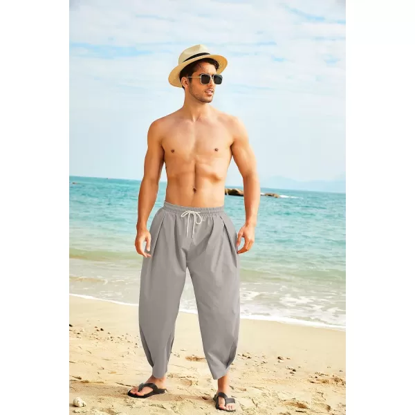 COOFANDY Men's Cotton Linen Harem Pants Drawstring Casual Cropped Trousers Lightweight Loose Beach Yoga Pants with Pockets
