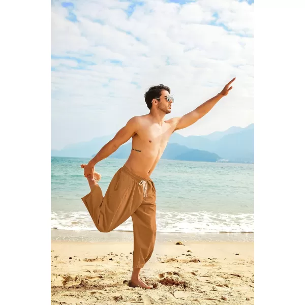 COOFANDY Men's Cotton Linen Harem Pants Drawstring Casual Cropped Trousers Lightweight Loose Beach Yoga Pants with Pockets