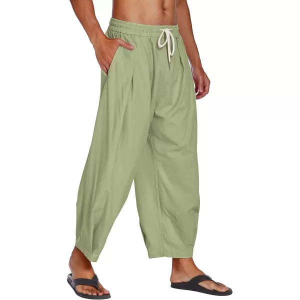 COOFANDY Men's Cotton Linen Harem Pants Drawstring Casual Cropped Trousers Lightweight Loose Beach Yoga Pants with Pockets