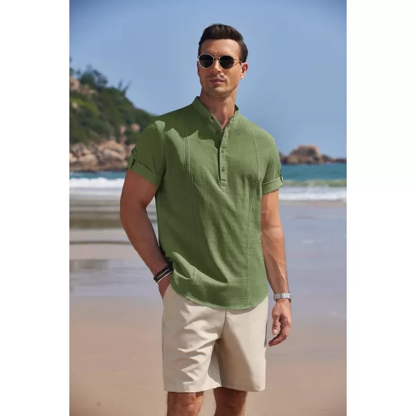 COOFANDY Men's Cotton Linen Henley Shirt Short Sleeve Hippie Casual Band Collar Summer Beach T-Shirts