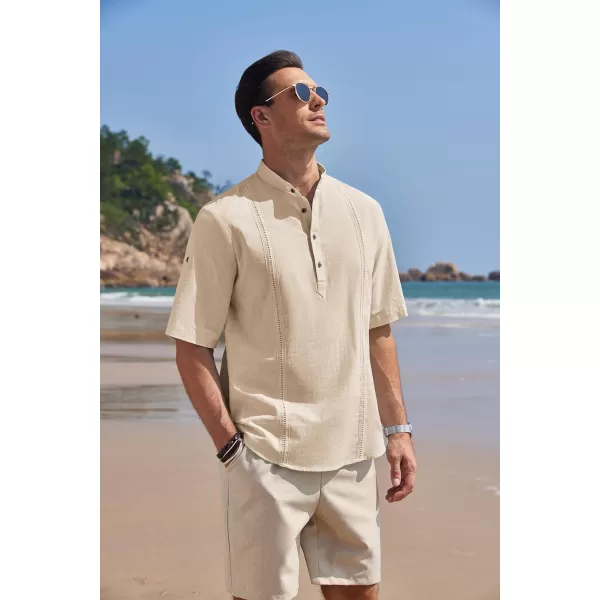 COOFANDY Men's Cotton Linen Henley Shirt Short Sleeve Hippie Casual Band Collar Summer Beach T-Shirts