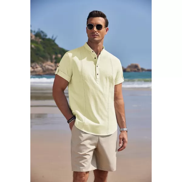 COOFANDY Men's Cotton Linen Henley Shirt Short Sleeve Hippie Casual Band Collar Summer Beach T-Shirts