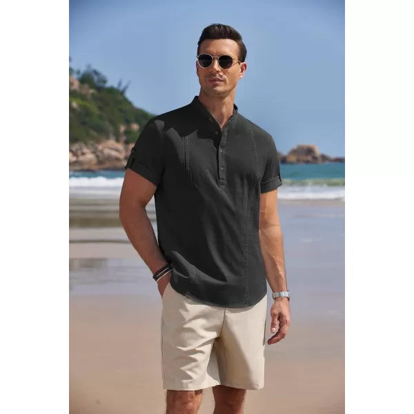 COOFANDY Men's Cotton Linen Henley Shirt Short Sleeve Hippie Casual Band Collar Summer Beach T-Shirts