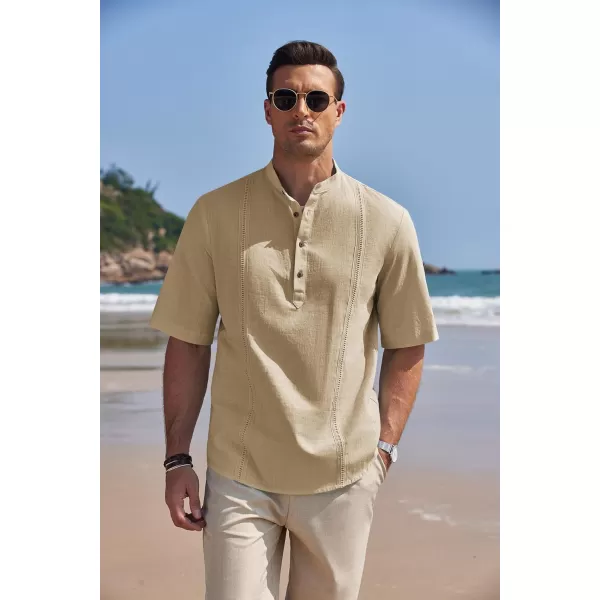 COOFANDY Men's Cotton Linen Henley Shirt Short Sleeve Hippie Casual Band Collar Summer Beach T-Shirts