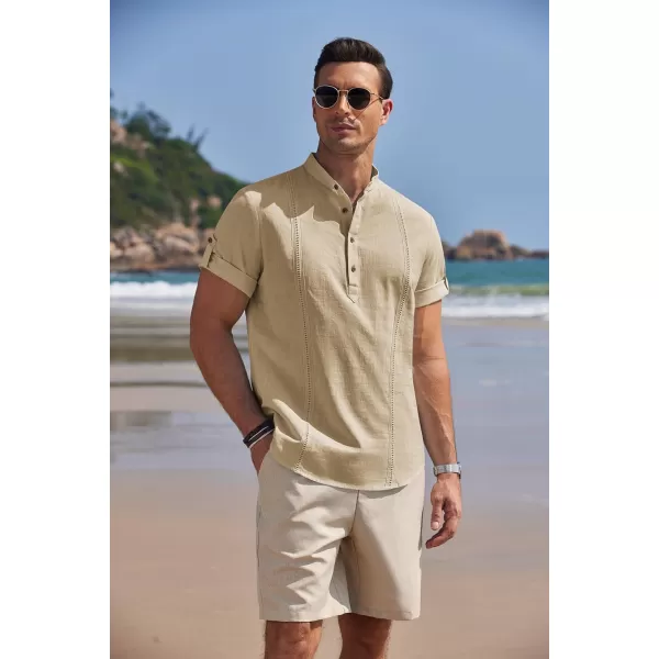 COOFANDY Men's Cotton Linen Henley Shirt Short Sleeve Hippie Casual Band Collar Summer Beach T-Shirts