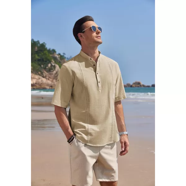 COOFANDY Men's Cotton Linen Henley Shirt Short Sleeve Hippie Casual Band Collar Summer Beach T-Shirts