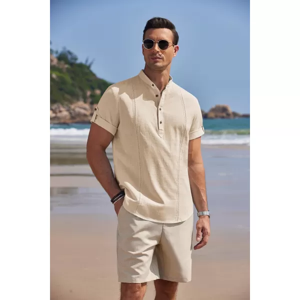 COOFANDY Men's Cotton Linen Henley Shirt Short Sleeve Hippie Casual Band Collar Summer Beach T-Shirts