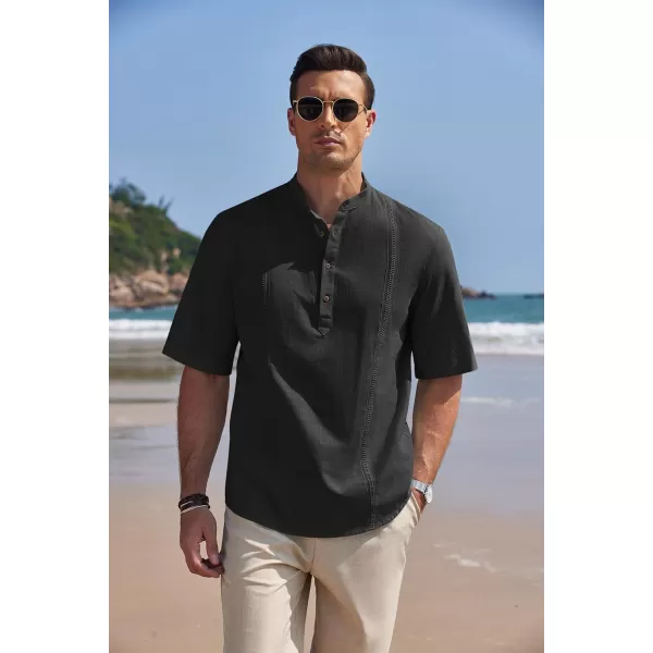 COOFANDY Men's Cotton Linen Henley Shirt Short Sleeve Hippie Casual Band Collar Summer Beach T-Shirts