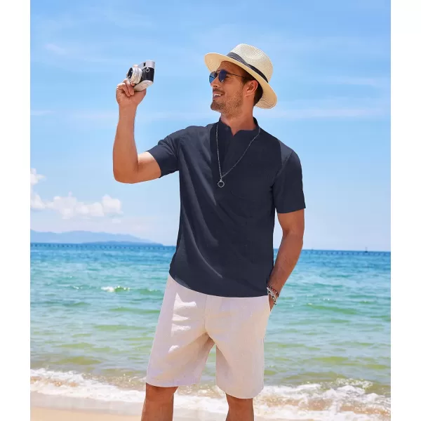 COOFANDY Men's Cotton Linen Henley Shirt Short Sleeve Hippie Casual Beach T-Shirts with Pocket