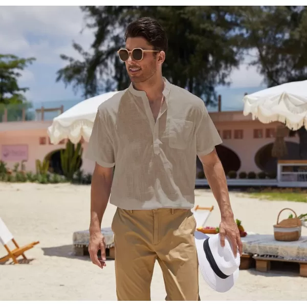COOFANDY Men's Cotton Linen Henley Shirt Short Sleeve Hippie Casual Beach T-Shirts with Pocket