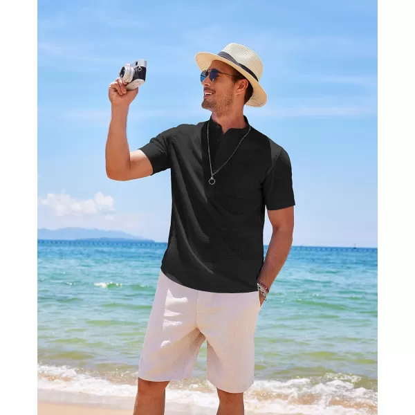 COOFANDY Men's Cotton Linen Henley Shirt Short Sleeve Hippie Casual Beach T-Shirts with Pocket