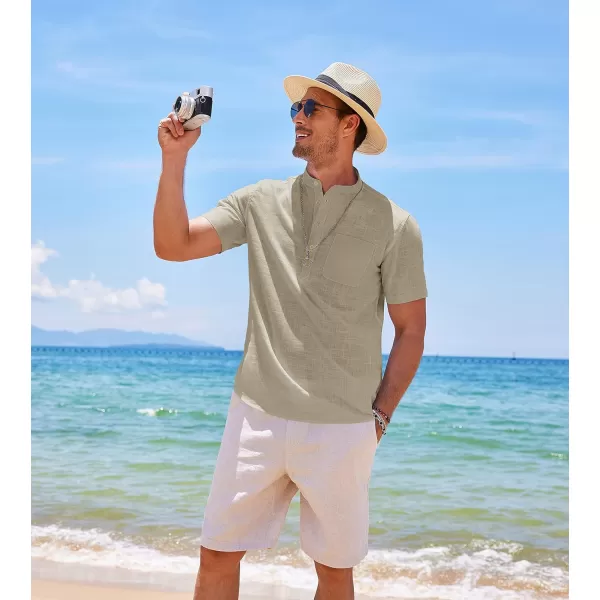 COOFANDY Men's Cotton Linen Henley Shirt Short Sleeve Hippie Casual Beach T-Shirts with Pocket