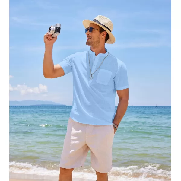 COOFANDY Men's Cotton Linen Henley Shirt Short Sleeve Hippie Casual Beach T-Shirts with Pocket