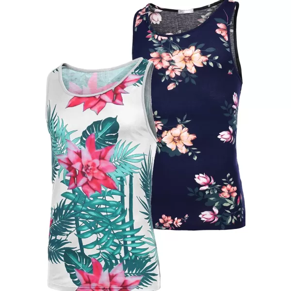 COOFANDY Men's Floral Tank Top Sleeveless Tees All Over Print Casual Sport T-Shirts Hawaii Beach Vacation/White)