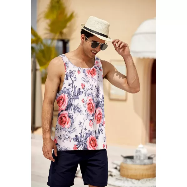 COOFANDY Men's Floral Tank Top Sleeveless Tees All Over Print Casual Sport T-Shirts Hawaii Beach Vacation/White)