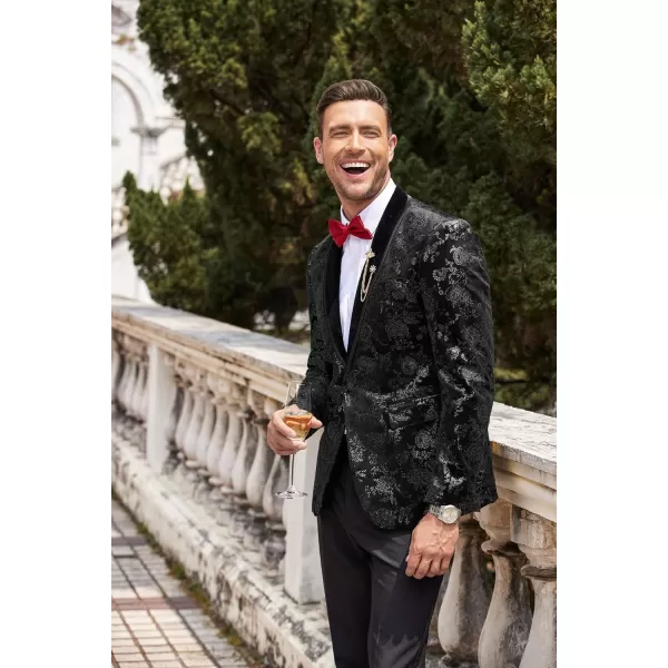 COOFANDY Men's Floral Tuxedo Jacket Shawl Lapel One Button Velvet Suit Jacket Dinner Prom Party Wedding Blazer