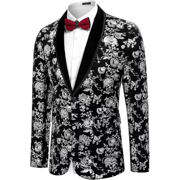 COOFANDY Men's Floral Tuxedo Jacket Shawl Lapel One Button Velvet Suit Jacket Dinner Prom Party Wedding Blazer