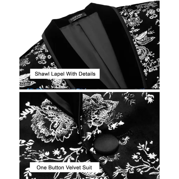 COOFANDY Men's Floral Tuxedo Jacket Shawl Lapel One Button Velvet Suit Jacket Dinner Prom Party Wedding Blazer