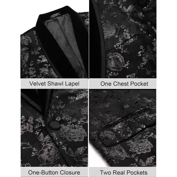 COOFANDY Men's Floral Tuxedo Jacket Shawl Lapel One Button Velvet Suit Jacket Dinner Prom Party Wedding Blazer