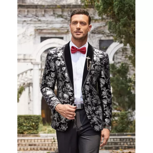 COOFANDY Men's Floral Tuxedo Jacket Shawl Lapel One Button Velvet Suit Jacket Dinner Prom Party Wedding Blazer