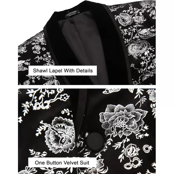COOFANDY Men's Floral Tuxedo Jacket Shawl Lapel One Button Velvet Suit Jacket Dinner Prom Party Wedding Blazer
