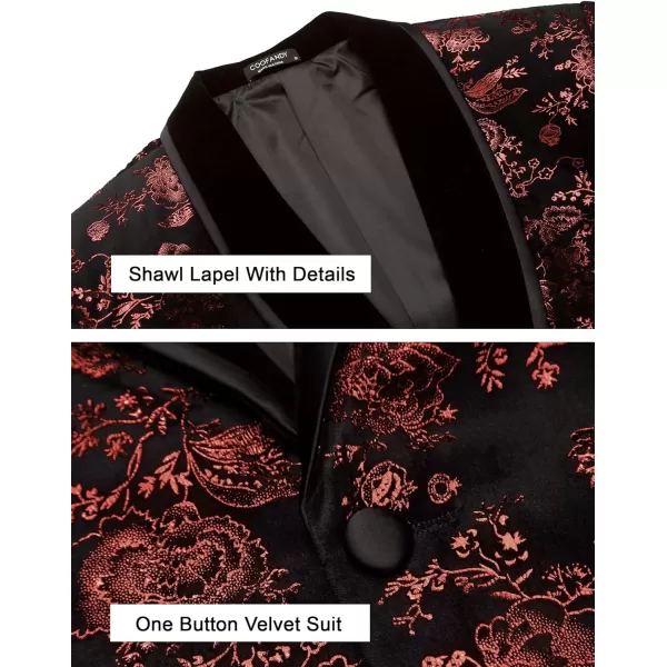 COOFANDY Men's Floral Tuxedo Jacket Shawl Lapel One Button Velvet Suit Jacket Dinner Prom Party Wedding Blazer