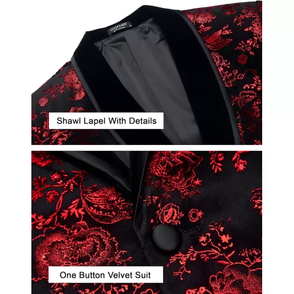 COOFANDY Men's Floral Tuxedo Jacket Shawl Lapel One Button Velvet Suit Jacket Dinner Prom Party Wedding Blazer