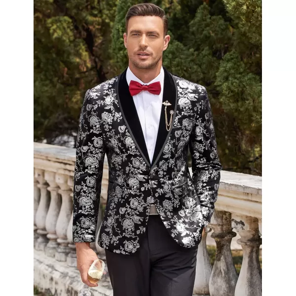 COOFANDY Men's Floral Tuxedo Jacket Shawl Lapel One Button Velvet Suit Jacket Dinner Prom Party Wedding Blazer