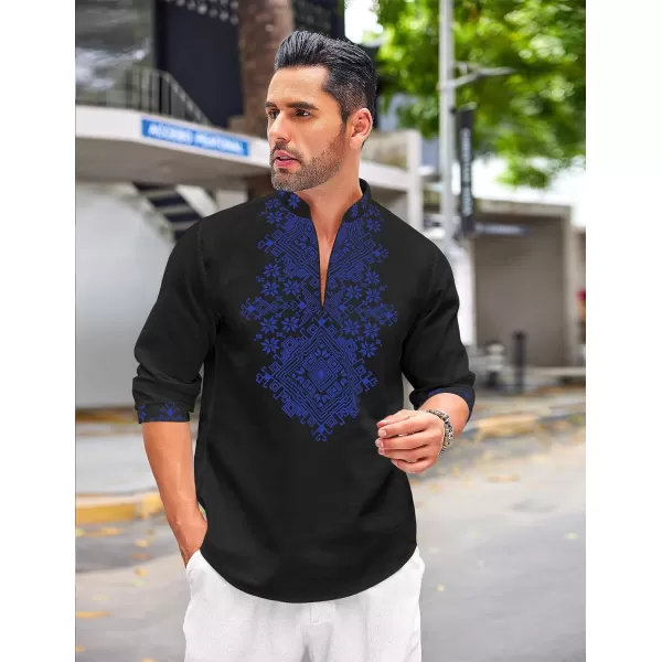 COOFANDY Men's Henley Shirt Long Sleeve Floral Print Casual Zip Up Cotton Beach Party Hippie T Shirt