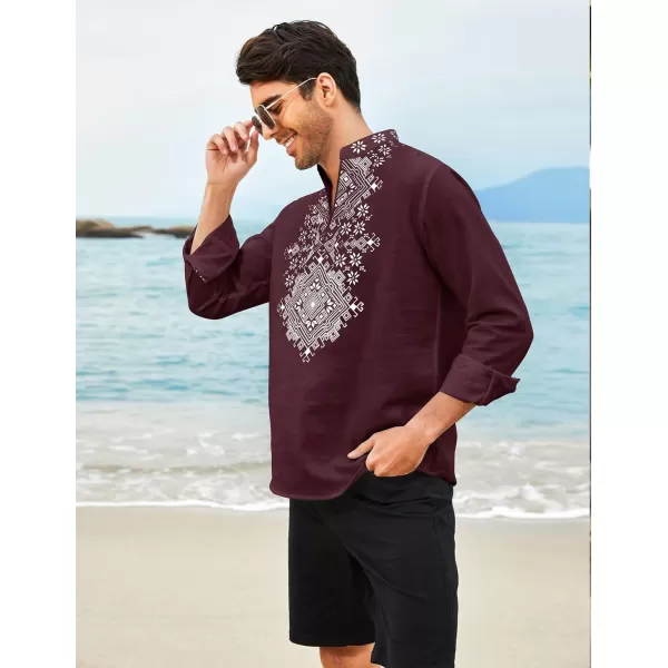COOFANDY Men's Henley Shirt Long Sleeve Floral Print Casual Zip Up Cotton Beach Party Hippie T Shirt