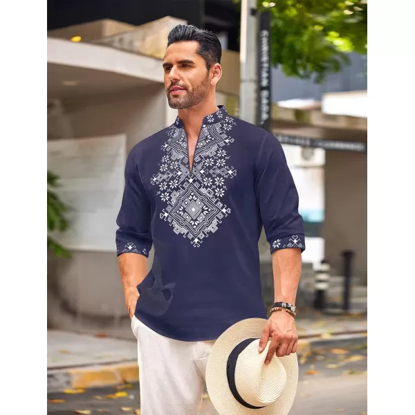 COOFANDY Men's Henley Shirt Long Sleeve Floral Print Casual Zip Up Cotton Beach Party Hippie T Shirt