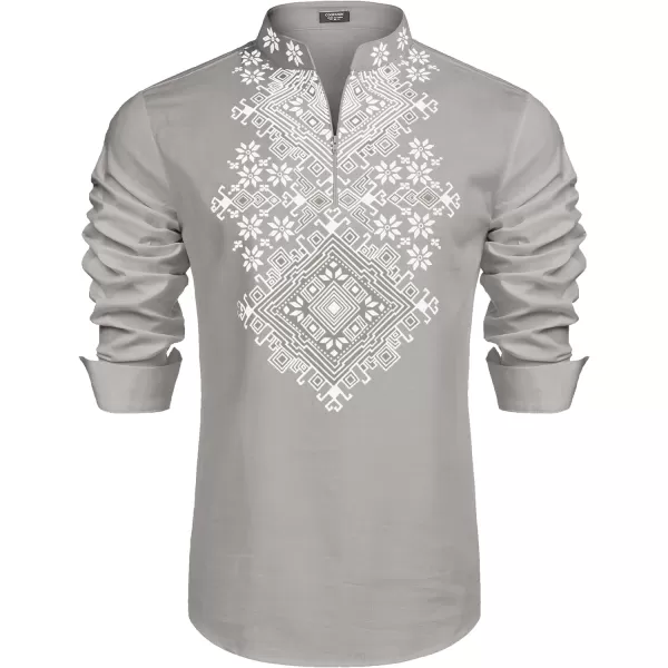COOFANDY Men's Henley Shirt Long Sleeve Floral Print Casual Zip Up Cotton Beach Party Hippie T Shirt