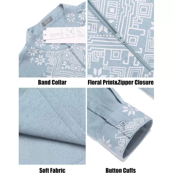 COOFANDY Men's Henley Shirt Long Sleeve Floral Print Casual Zip Up Cotton Beach Party Hippie T Shirt