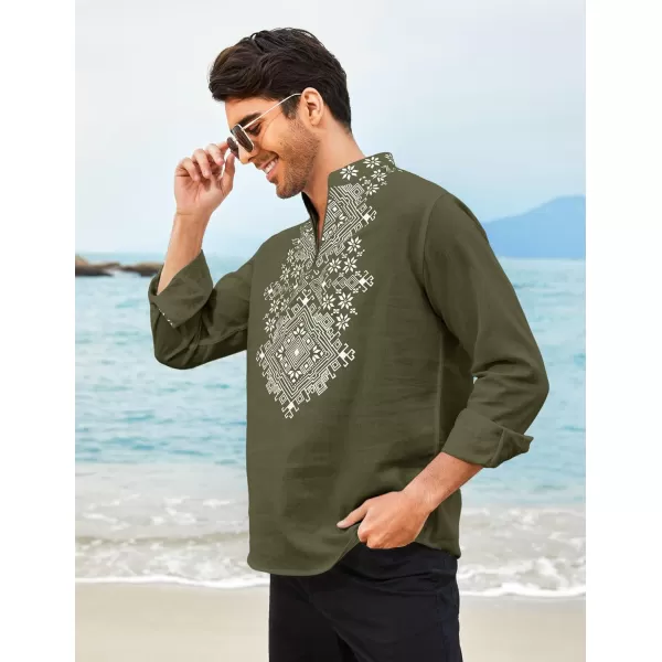 COOFANDY Men's Henley Shirt Long Sleeve Floral Print Casual Zip Up Cotton Beach Party Hippie T Shirt