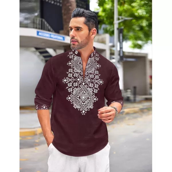 COOFANDY Men's Henley Shirt Long Sleeve Floral Print Casual Zip Up Cotton Beach Party Hippie T Shirt