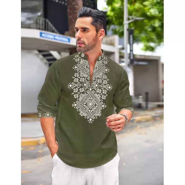 COOFANDY Men's Henley Shirt Long Sleeve Floral Print Casual Zip Up Cotton Beach Party Hippie T Shirt